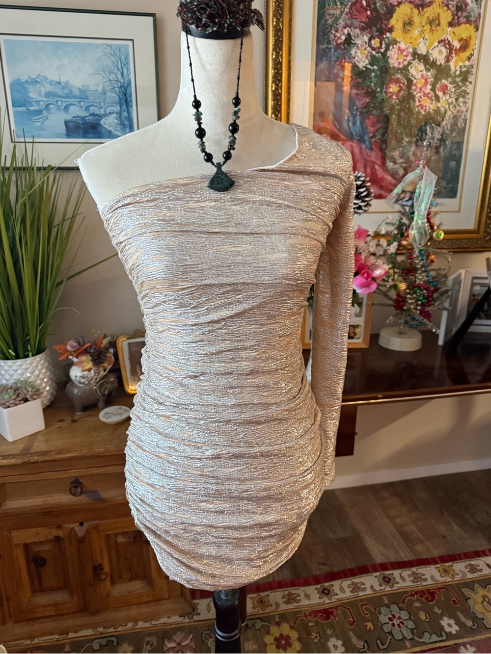 Metallic One-Shoulder Ruched Mini Dress - Gold